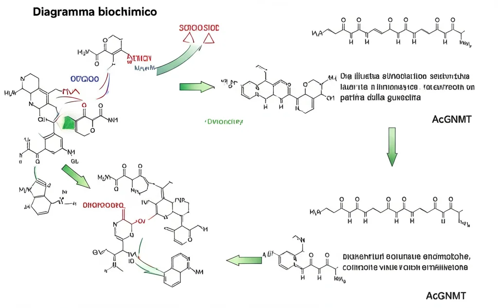 Diagramma biochimico stilizzato che illustra la via di biosintesi dell'arecolina a partire dalla guvacina, mostrando le strutture molecolari e le proteine enzimatiche AcGNMT coinvolte nelle reazioni di metilazione, su sfondo chiaro, alta definizione, stile grafico pulito.