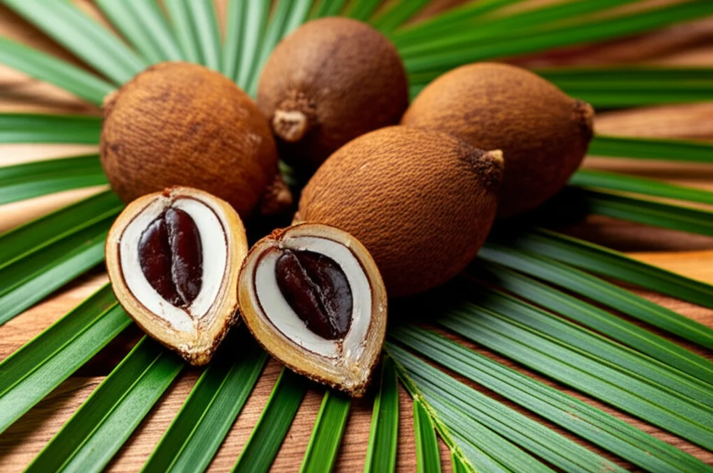 Fotografia macro di noci di Areca catechu mature, alcune intere e una tagliata a metà per mostrare l'interno, disposte su una superficie di legno rustico accanto a foglie verdi della palma, lente macro 100mm, alta definizione, illuminazione naturale laterale controllata, focus nitido sulla texture delle noci.