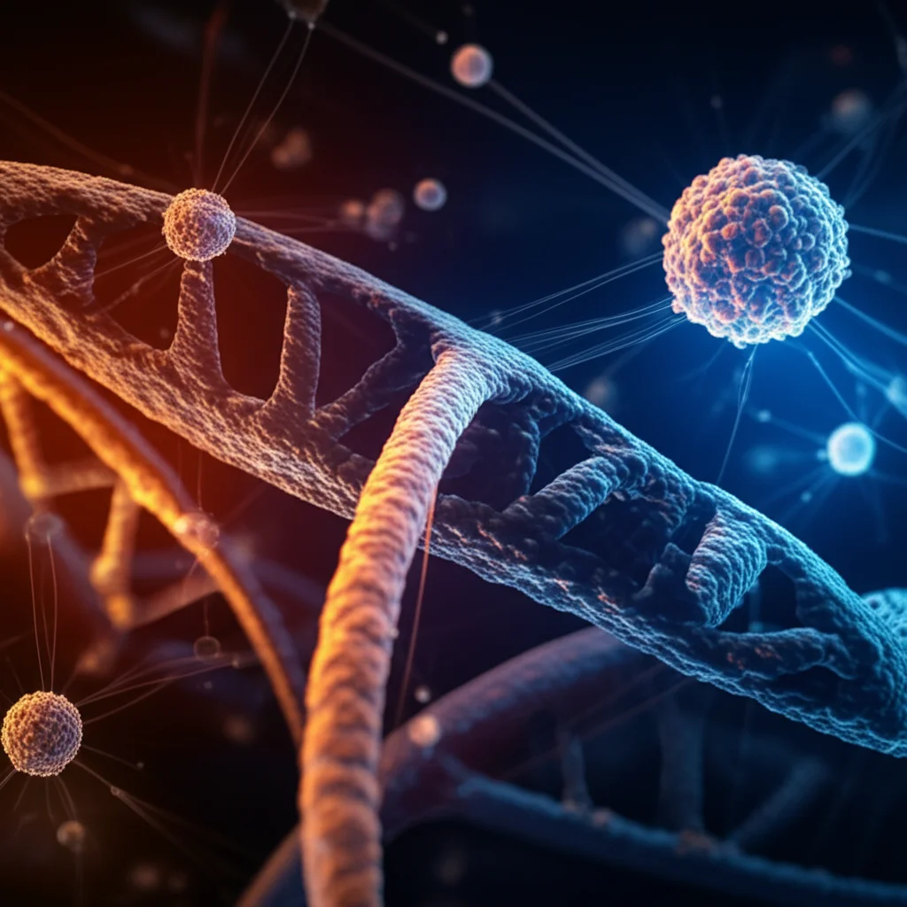 Visualizzazione astratta di dati genetici complessi e reti neurali interconnesse, stile macro lens 80mm, illuminazione controllata e drammatica, alta definizione, colori blu e arancione duotone, rappresentante l'analisi AI della leucemia.