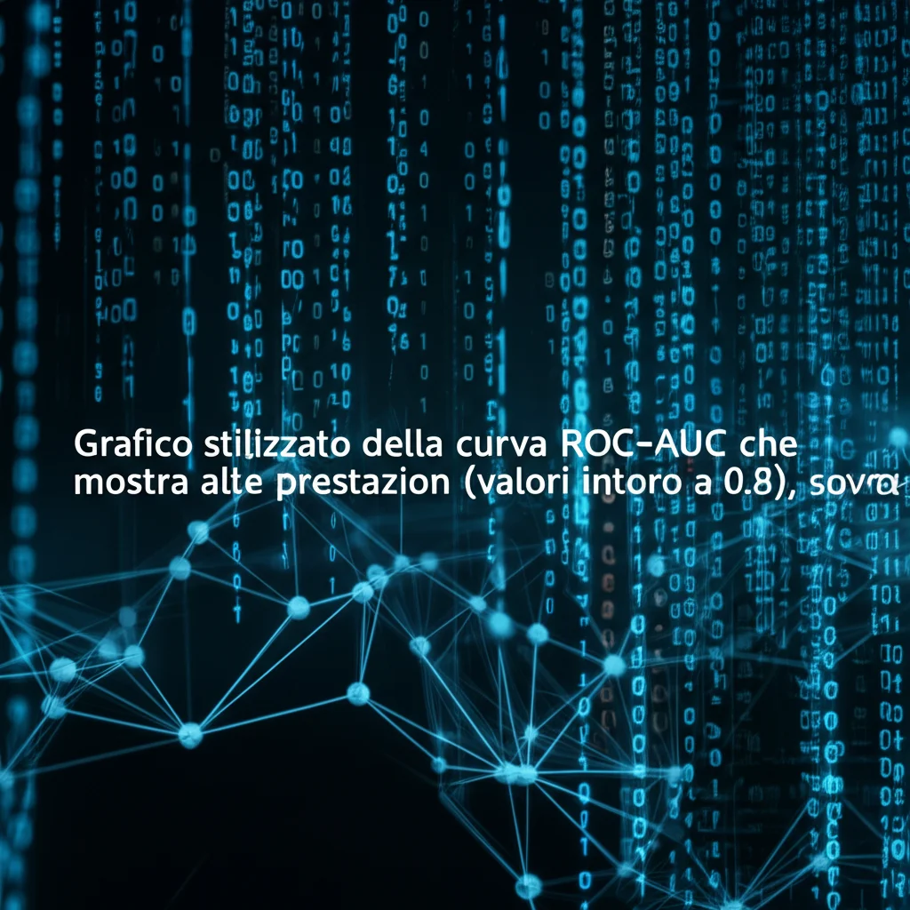 Grafico stilizzato della curva ROC-AUC che mostra alte prestazioni (valori intorno a 0.8), sovrapposto a un'immagine astratta di codice binario e connessioni neurali, prime lens 35mm, profondità di campo ridotta, colori freddi.