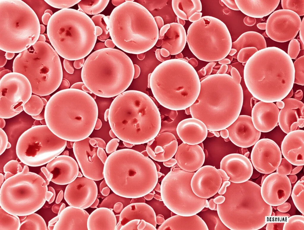 Primo piano macro di globuli rossi al microscopio, alcuni normali e altri che mostrano segni di agglutinazione o danneggiamento dovuti all'attacco degli autoanticorpi, illuminazione controllata per evidenziare i dettagli cellulari, lente macro 100mm, alta definizione.