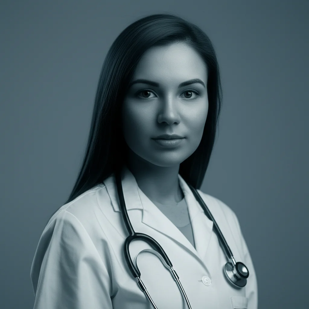 Ritratto di una giovane donna asiatica dall'aspetto pensieroso ma resiliente, simbolo dei pazienti affetti da Lupus e AIHA, luce soffusa laterale, profondità di campo ridotta per focalizzare sull'espressione del viso, lente 35mm, toni duotone blu e grigio per un'atmosfera riflessiva e clinica.