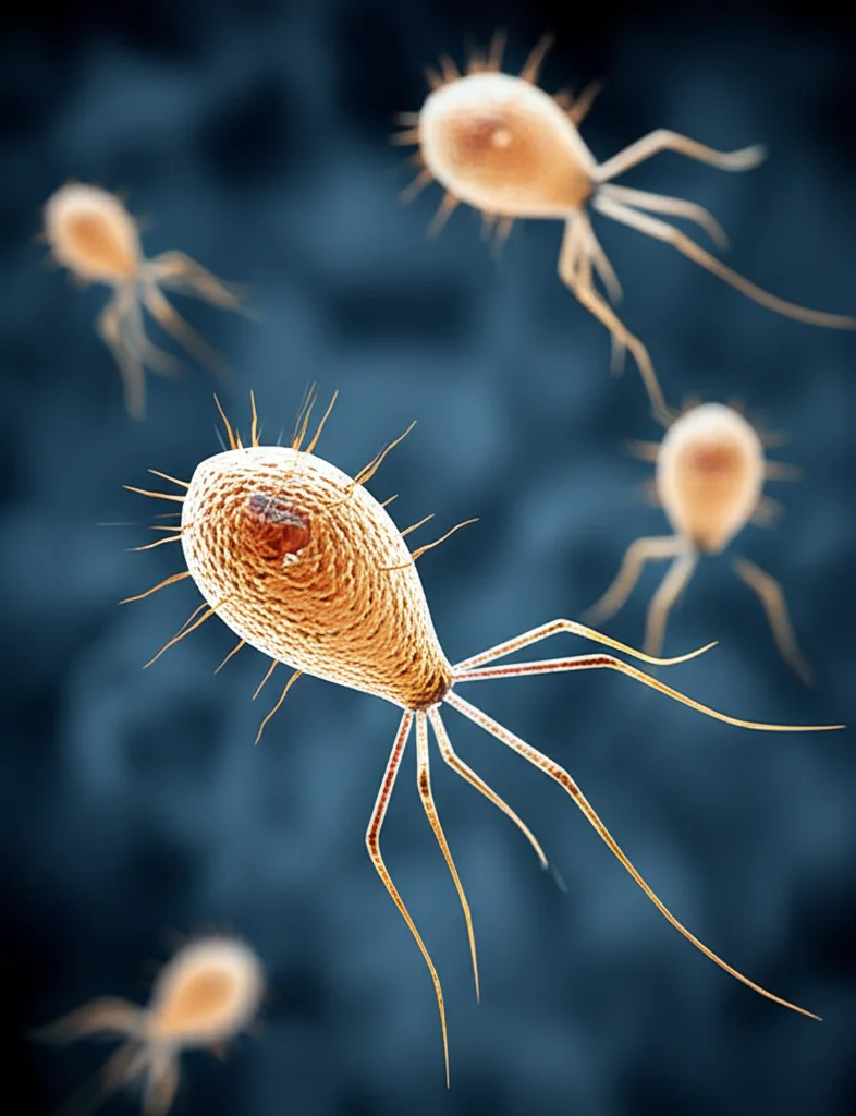 Visualizzazione 3D astratta e fotorealistica di diverse forme di virus batteriofagi (Caudoviricetes con code e teste poliedriche, Microviridae icosaedrici) fluttuanti in un ambiente acquatico scuro stilizzato che ricorda gli abissi, illuminazione volumetrica controllata che evidenzia i dettagli strutturali fini e crea riflessi sull'acqua, obiettivo macro 100mm, alta definizione, focus preciso sulle particelle virali in primo piano con sfondo leggermente sfocato.