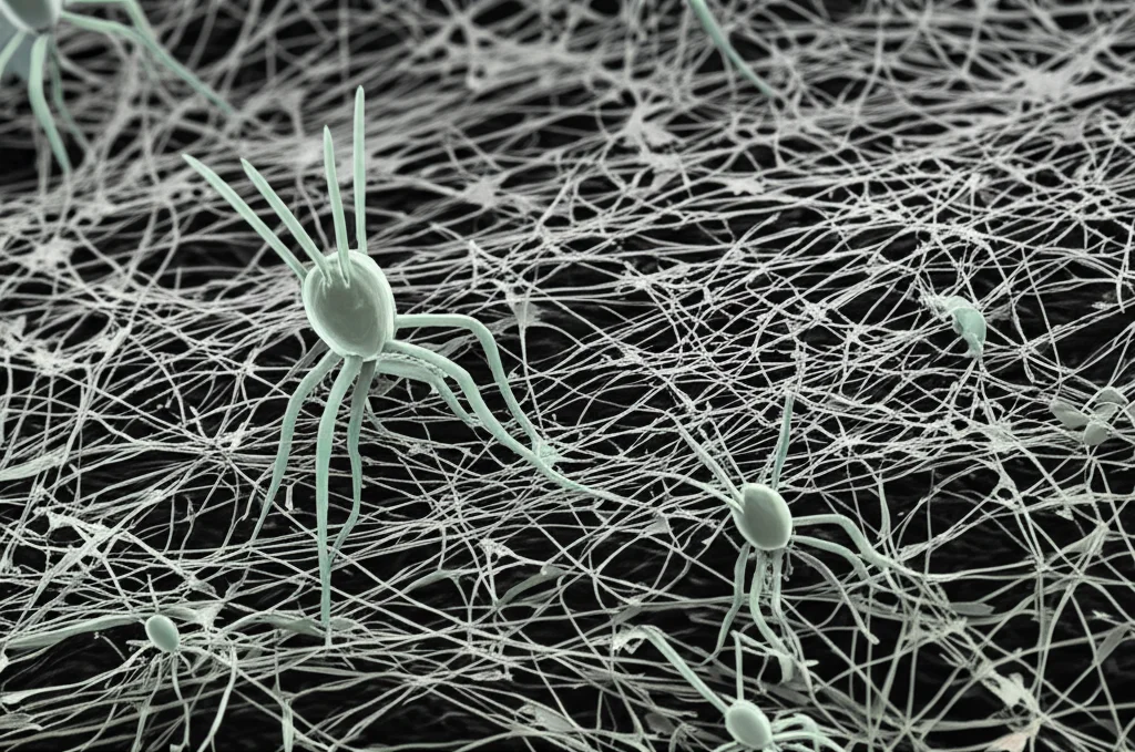 Micrografia elettronica a scansione (SEM) stilizzata e fotorealistica che mostra virus batteriofagi (con code ben visibili) attaccati alla superficie cellulare di batteri filamentosi (simili a Campylobacterota) che formano un biofilm su una superficie rocciosa scura e porosa (simulando una roccia idrotermale), alta definizione e dettaglio estremo, illuminazione drammatica laterale per creare ombre e risaltare le texture, obiettivo macro 60mm, focus selettivo sui punti di interazione virus-batterio.