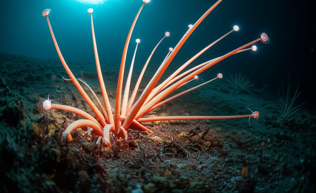 Paesaggio sottomarino abissale fotorealistico con delicate strutture biologiche idrotermali (come vermi tubo bianchi e tappeti batterici arancioni) su un fondale vulcanico scuro, in netto contrasto con l'ombra minacciosa proiettata da un grande macchinario minerario sottomarino parzialmente visibile sullo sfondo, obiettivo grandangolare 20mm per enfatizzare la vastità e la fragilità dell'ambiente, luce ambientale fioca e bluastra con punti luminosi dalle creature bioluminescenti, messa a fuoco nitida sull'ecosistema fragile in primo piano.