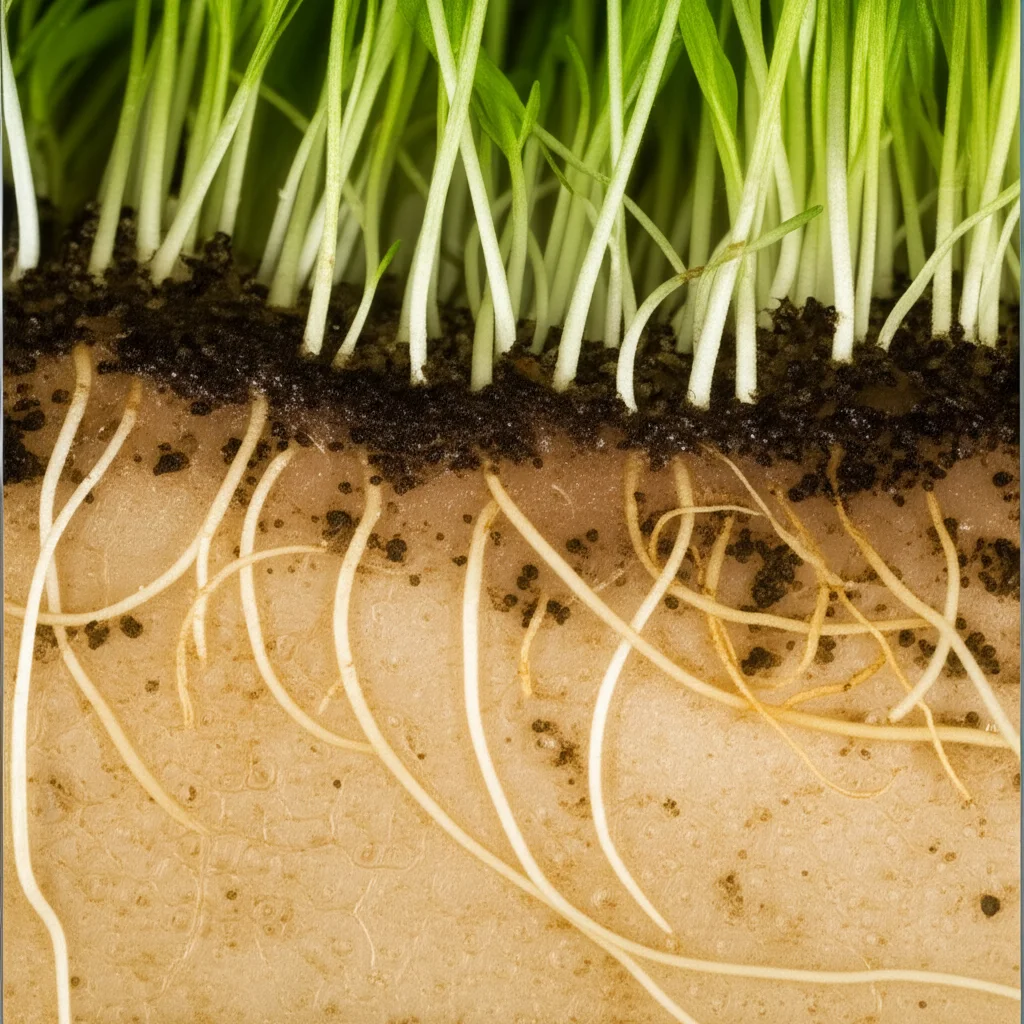 Macro fotografia di radici di Arabidopsis thaliana che crescono in un terreno visibilmente povero di nutrienti, con alcune radici che mostrano segni di stress. Obiettivo macro 100mm, alta definizione, illuminazione controllata per evidenziare la struttura fine delle radici e la texture del suolo.