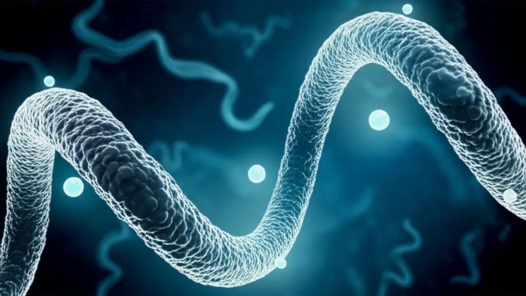 Visualizzazione 3D astratta di una molecola di mRNA con piccole sfere luminose (che rappresentano le modificazioni m6A) attaccate lungo il filamento, vicino all'estremità 3'. Sfondo scuro con elementi cellulari stilizzati. Illuminazione drammatica per evidenziare i 'tag' m6A.