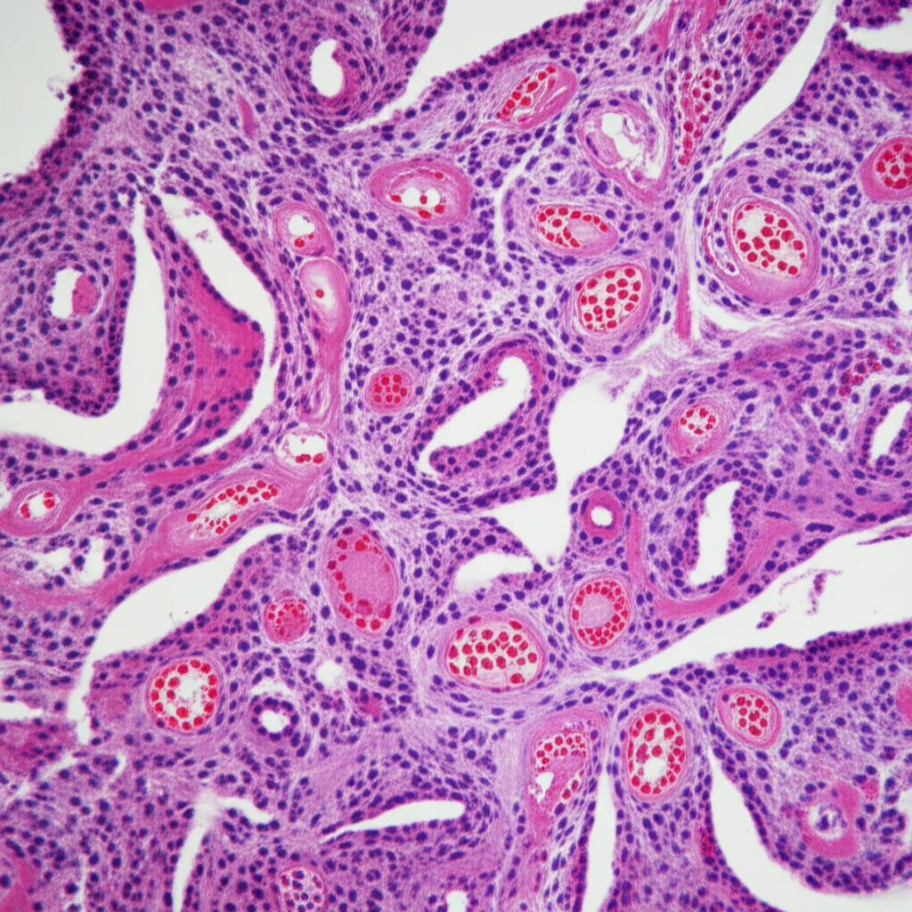 Microfotografia simulata ad alta risoluzione di una sezione istologica della parete di una pseudocisti testicolare bovina, colorazione Ematossilina-Eosina (rosa e viola), ingrandimento 30x, visibili strati di tessuto connettivo denso e lasso, vasi sanguigni (cerchi rossi/rosa), e aree con residui di tubuli seminiferi atrofici (strutture tubulari con poche cellule), dettagli cellulari nucleari e citoplasmatici nitidi.