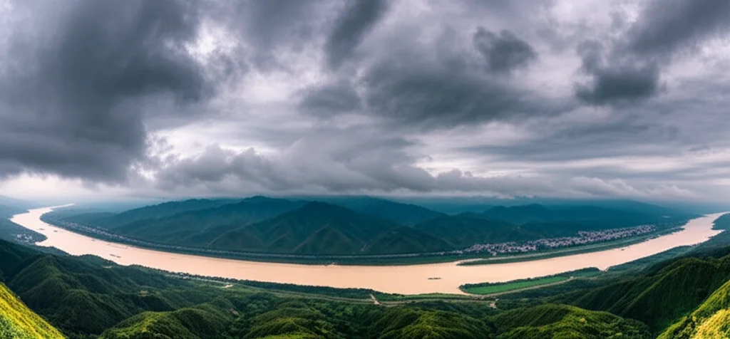 Wide-angle landscape, 20mm lens, vista aerea drammatica sulla valle del fiume Yangtze durante la stagione dei Meiyu. Nuvole cariche di pioggia incombono sulla regione meridionale/centrale della Cina, mentre il cielo è più sereno verso nord. Lunga esposizione per nuvole fluide, focus nitido sul paesaggio fluviale, rappresentando il dipolo precipitativo.