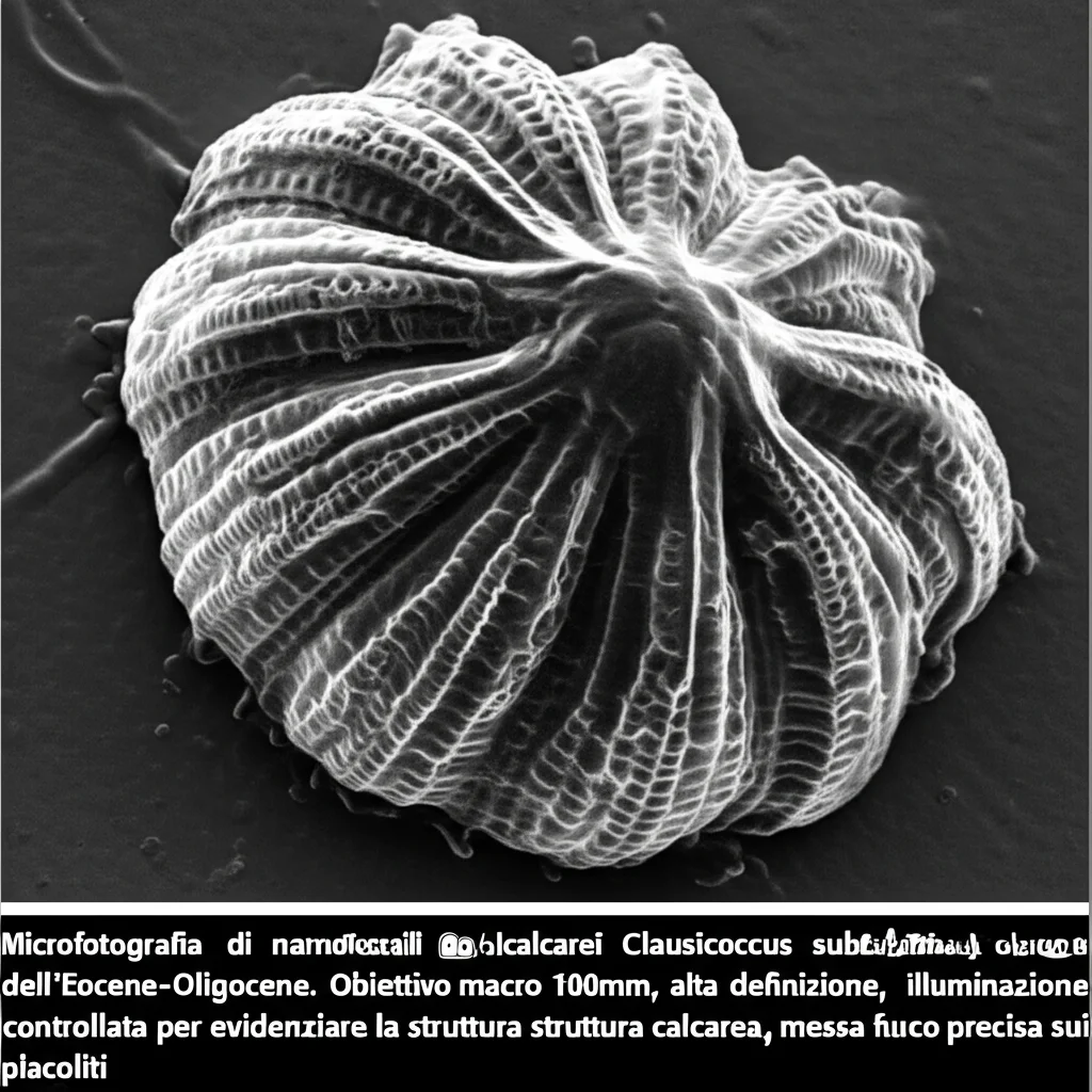 Microfotografia di nannofossili calcarei Clausicoccus subdistichus da sedimenti oceanici dell'Eocene-Oligocene. Obiettivo macro 100mm, alta definizione, illuminazione controllata per evidenziare la struttura calcarea, messa a fuoco precisa sui placoliti.