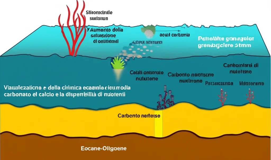 Visualizzazione artistica della chimica oceanica durante la transizione Eocene-Oligocene, mostrando l'aumento della saturazione di carbonato di calcio e la disponibilità di nutrienti. Potrebbe includere grafici stilizzati sovrapposti a un fondale marino antico. Obiettivo grandangolare 24mm, messa a fuoco nitida, colori vividi per rappresentare le concentrazioni chimiche.