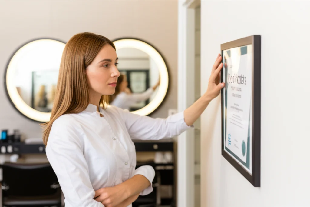 Una donna estetista professionista, di circa 35 anni, in un salone di bellezza moderno e luminoso, mentre riflette pensierosa guardando un certificato professionale appeso al muro. Fotografia ritratto, obiettivo 35mm, profondità di campo, toni caldi e accoglienti.