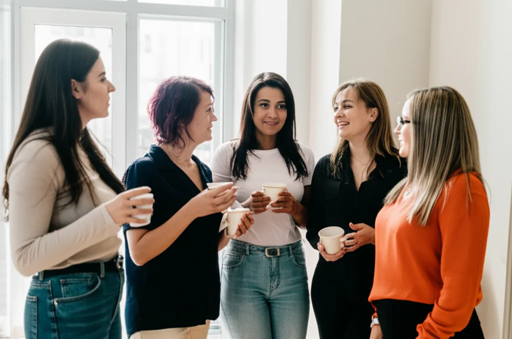 Diverse donne estetiste di età, background e livelli di esperienza differenti che discutono animatamente durante una pausa caffè in un contesto professionale. Fotografia di gruppo, obiettivo 50mm, luce naturale, espressioni concentrate ma collaborative.