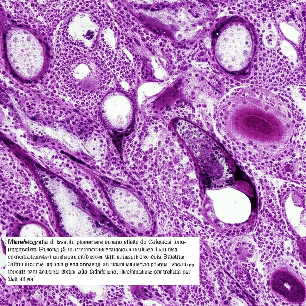 Microfotografia di tessuto placentare umano affetto da Colestasi Intraepatica Gravidica (ICP), colorazione immunoistochimica che evidenzia l'alta espressione della proteina BACH1 (colore marrone intenso) nei nuclei delle cellule endoteliali vascolari. Obiettivo macro 100mm, alta definizione, illuminazione controllata per dettagli precisi.