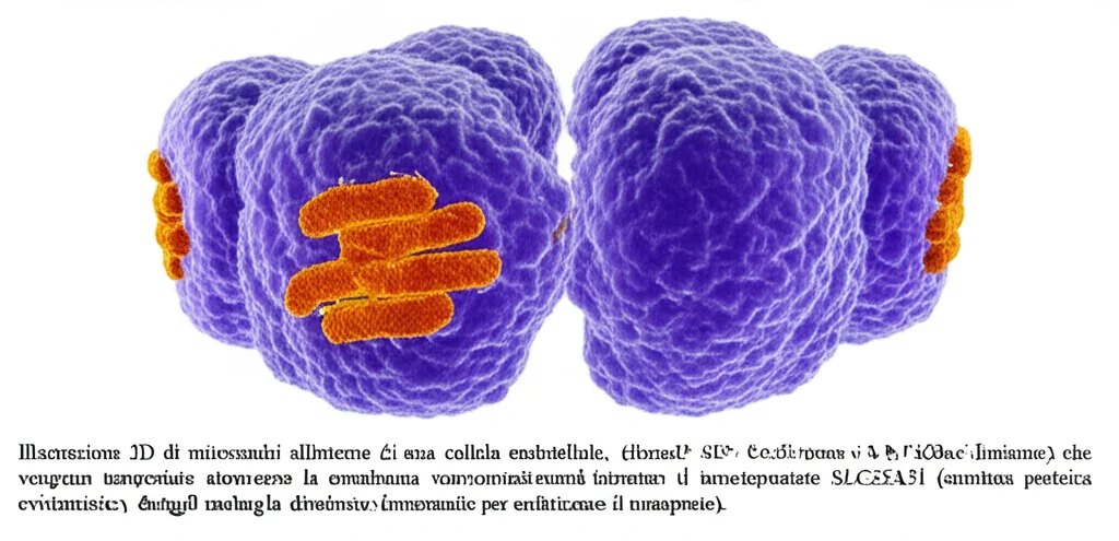 Illustrazione 3D di mitocondri all'interno di una cellula endoteliale, con molecole di NAD+ (sfere luminose) che vengono trasportate attraverso la membrana interna dal trasportatore SLC25A51 (struttura proteica evidenziata). Stile fotorealistico, dettagli molecolari precisi, illuminazione drammatica per enfatizzare il trasporto.