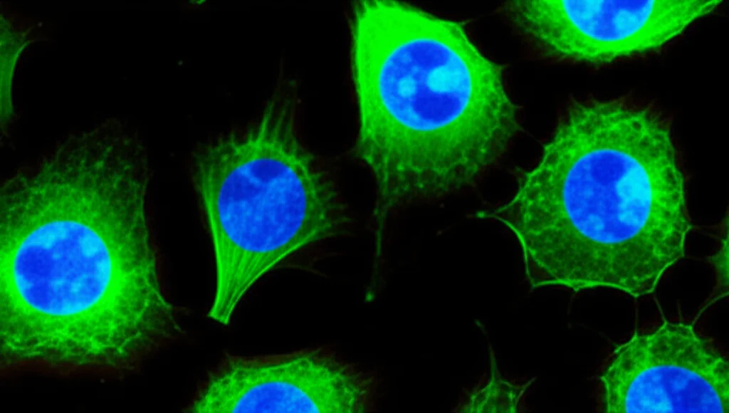 Cellule endoteliali HUVEC in coltura osservate al microscopio a fluorescenza. Si vedono cellule che hanno incorporato EdU (marcatore di proliferazione, nuclei luminosi) e altre no. Stile macrofotografia, obiettivo 60mm, alta definizione, colori vivaci (es. verde per EdU, blu per DAPI), che illustra un saggio di proliferazione cellulare.