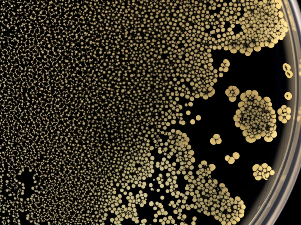 Macro fotografia di colonie batteriche di Helicobacter pylori brillanti su una piastra di Petri scura in un laboratorio di microbiologia, illuminazione laterale controllata per creare ombre, messa a fuoco estremamente precisa sui bordi delle colonie, lente macro 90mm, alta risoluzione dei dettagli.