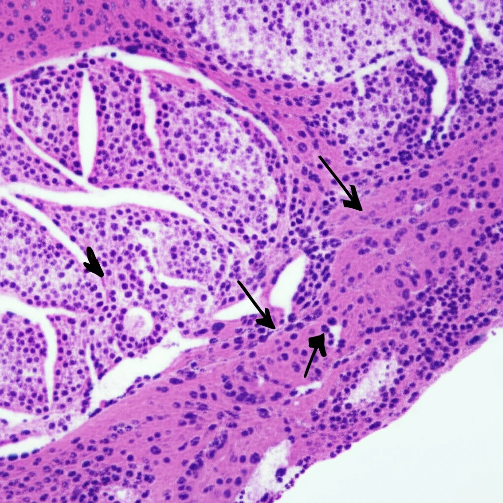 Immagine al microscopio di tessuto tiroideo, obiettivo macro 100mm, alta definizione, illuminazione controllata, che mostra cellule tumorali con elevato indice mitotico (frecce verdi indicano mitosi) e aree di necrosi, evidenziando le caratteristiche del DHGTC.