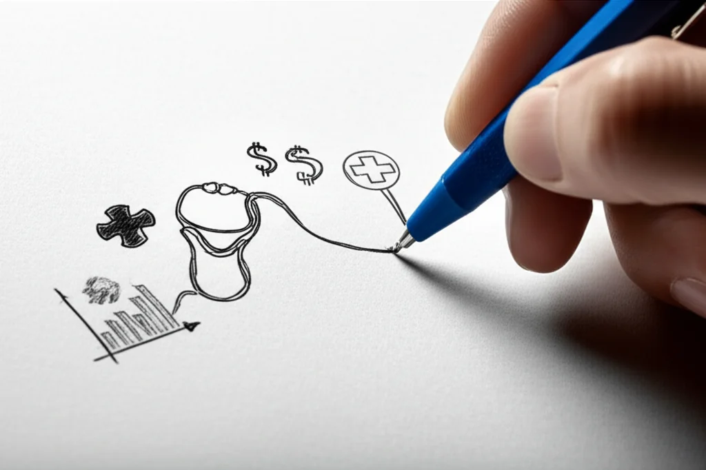 Immagine macro, obiettivo 100mm, di una mano che disegna un grafico ciclico (alti e bassi) su un foglio di carta, con simboli medici (stetoscopio, croce) e simboli economici (grafico a barre, simbolo del dollaro) integrati nel disegno. Illuminazione controllata da studio, alta definizione per mostrare la texture della carta e l'inchiostro.