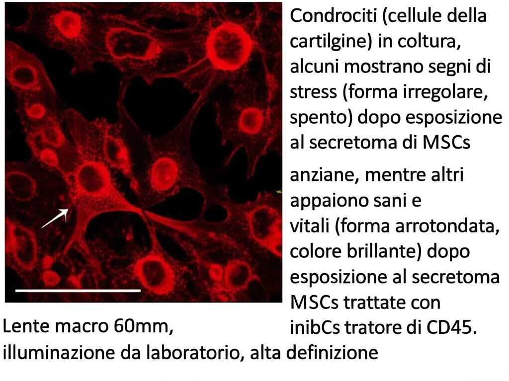 Condrociti (cellule della cartilagine) in coltura, alcuni mostrano segni di stress (forma irregolare, colore spento) dopo esposizione al secretoma di MSCs anziane, mentre altri appaiono sani e vitali (forma arrotondata, colore brillante) dopo esposizione al secretoma di MSCs trattate con inibitore di CD45. Lente macro 60mm, illuminazione da laboratorio, alta definizione.