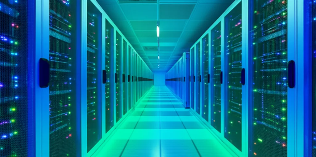 Fotografia grandangolare di un moderno data center con file di server illuminati da luci LED blu e verdi, lunga esposizione per creare scie luminose, obiettivo grandangolare 15mm, messa a fuoco nitida sull'intera scena.