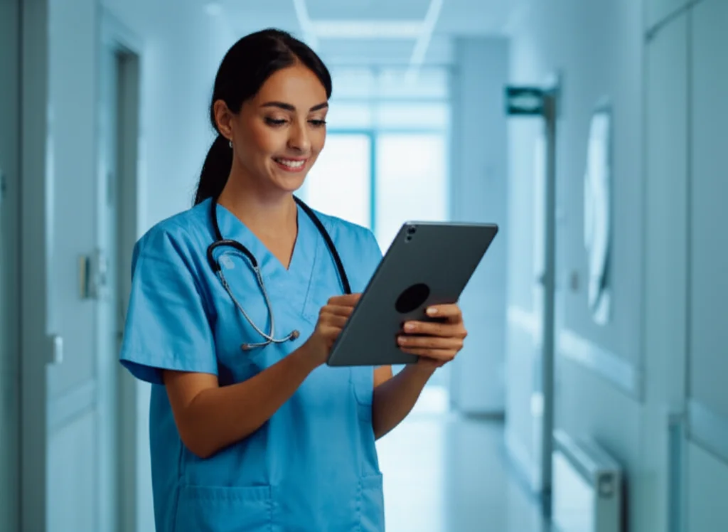 Ritratto fotografico di un'infermiera che utilizza un tablet digitale in un corridoio d'ospedale moderno e luminoso, profondità di campo ridotta per sfocare lo sfondo, obiettivo 35mm, toni del blu e del bianco per un'atmosfera pulita e tecnologica.