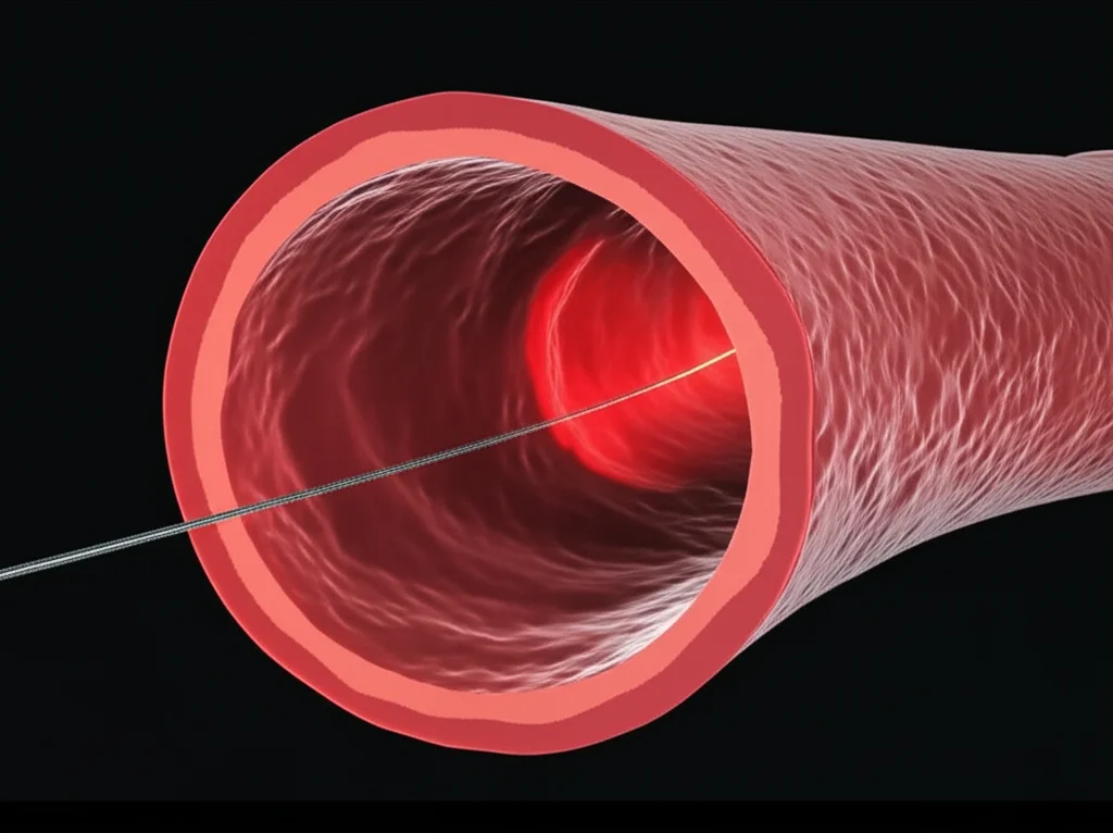 Immagine macro di un filo guida per FFR posizionato all'interno di un modello 3D di arteria coronaria con stenosi, illuminazione controllata da studio, alta definizione dei dettagli del filo e della parete vascolare, obiettivo macro 100mm, sfondo scuro.