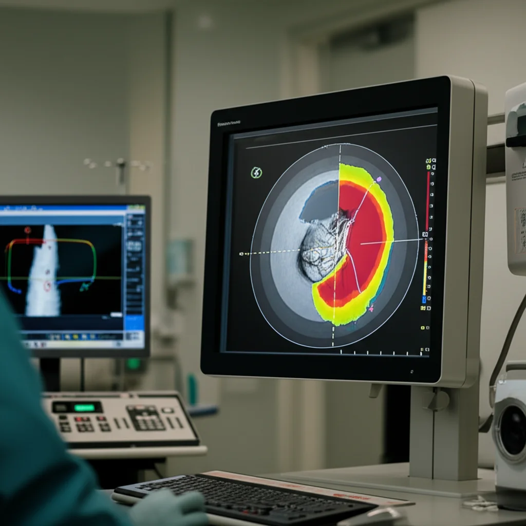 Fotografia di uno schermo di computer in un laboratorio di emodinamica che mostra un'angiografia coronarica con sovrapposizione grafica dei calcoli μFR target e vessel, evidenziando i valori numerici e le zone di flusso, stile realistico, obiettivo prime 35mm, profondità di campo che sfoca leggermente lo sfondo della sala.