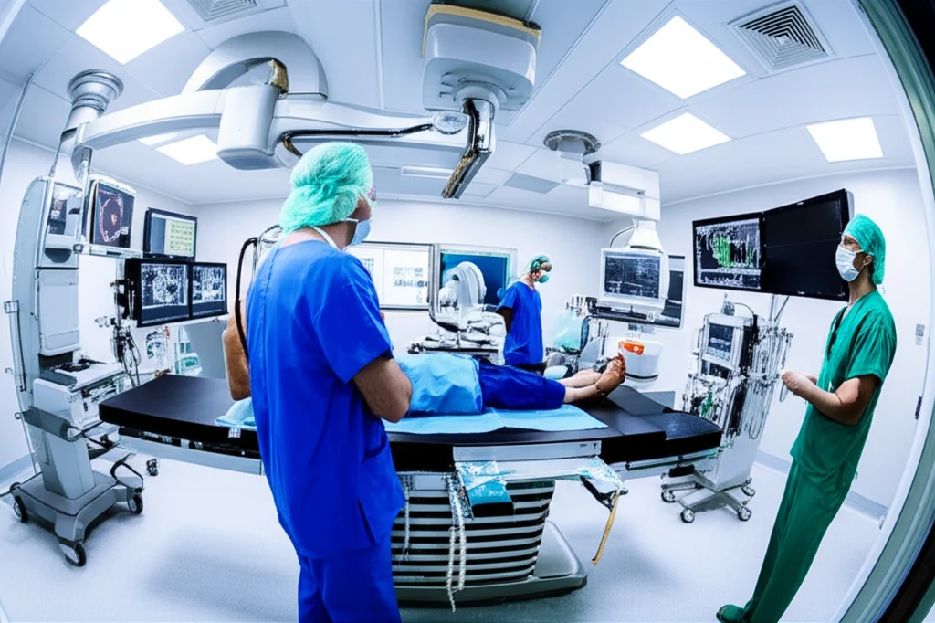 Ampia veduta di un moderno laboratorio di cateterismo cardiaco, luminoso e tecnologico, con medici e infermieri che collaborano attorno al lettino del paziente, schermi multipli che mostrano dati vitali e immagini angiografiche, obiettivo grandangolare 18mm, messa a fuoco nitida su tutta la scena, atmosfera professionale e concentrata.