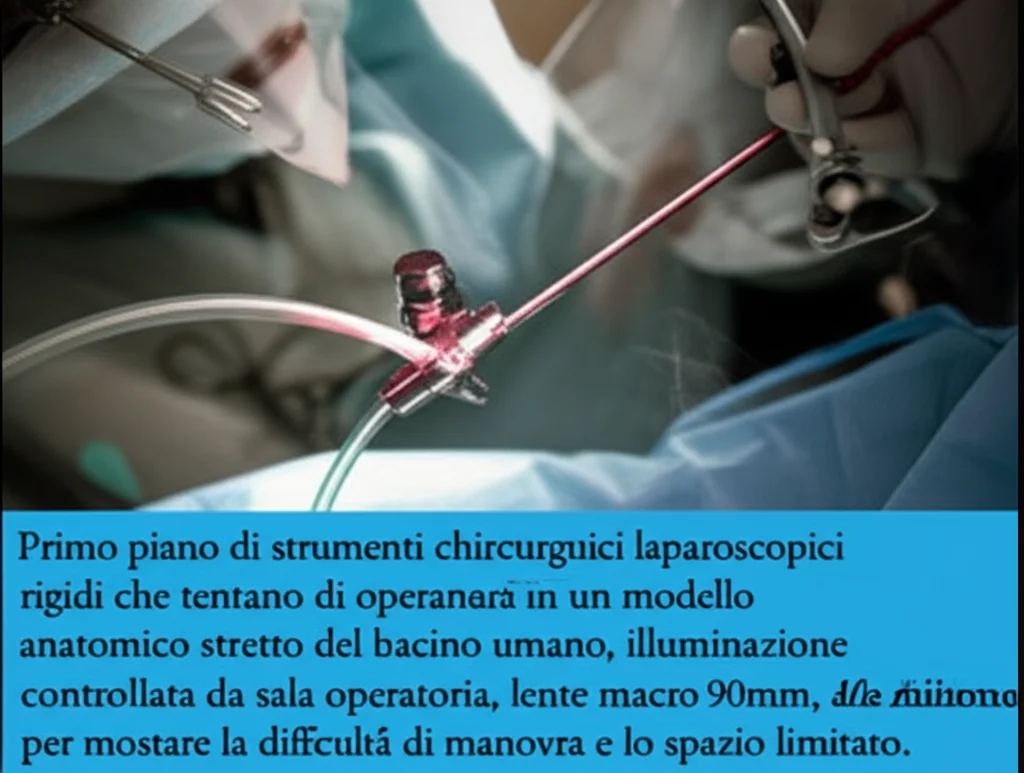 Primo piano di strumenti chirurgici laparoscopici rigidi che tentano di operare in un modello anatomico stretto del bacino umano, illuminazione controllata da sala operatoria, lente macro 90mm, alta definizione per mostrare la difficoltà di manovra e lo spazio limitato.