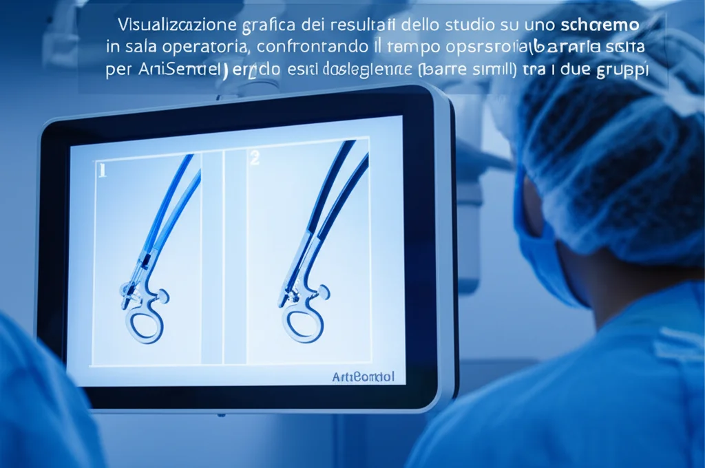 Visualizzazione grafica dei risultati dello studio su uno schermo in sala operatoria, confrontando il tempo operatorio (barra più corta per ArtiSential) e gli esiti oncologici (barre simili) tra i due gruppi, stile infografica medica chiara, colori blu e grigio duotono, focale 35mm, profondità di campo.