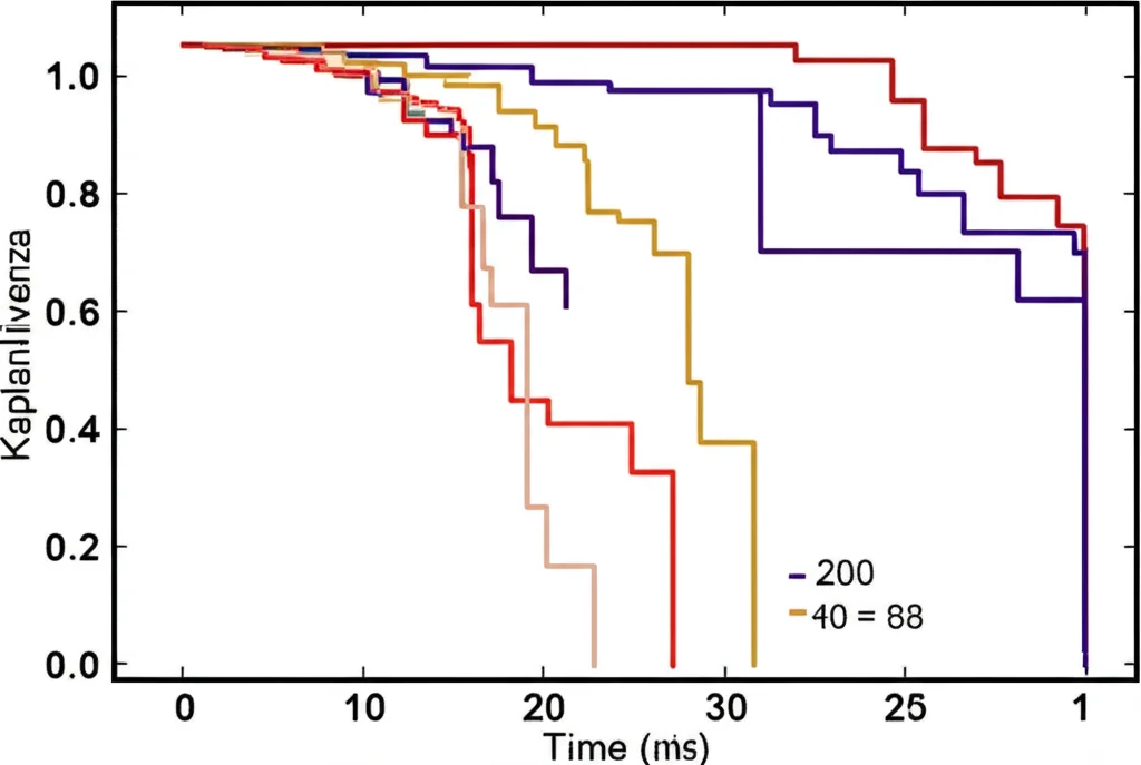Grafico di sopravvivenza Kaplan-Meier che mostra due curve distinte: una per pazienti con alta espressione di HKR1 (che scende più rapidamente) e una per bassa espressione (più alta), indicando una prognosi peggiore per il gruppo ad alta espressione. Stile grafico scientifico, chiaro e leggibile, con assi etichettati e valore p indicato. Fotorealismo applicato alla chiarezza del dato.
