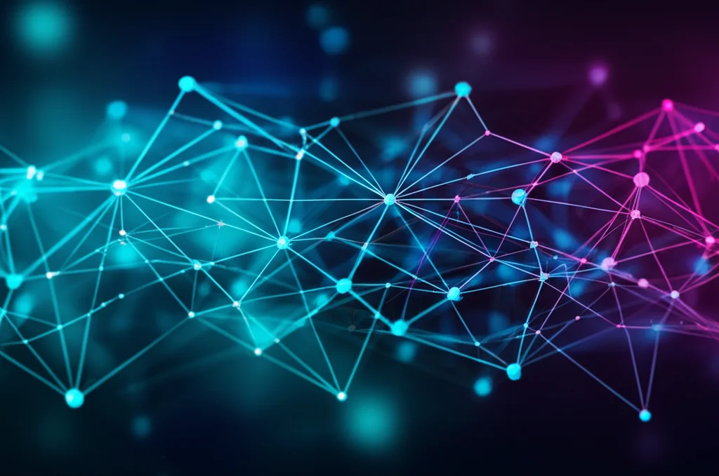 Rappresentazione grafica astratta di reti di segnalazione cellulare complesse come TGF-beta e p53, con nodi luminosi interconnessi su sfondo scuro, stile fotorealistico con effetto bokeh per focalizzare l'attenzione sulla rete principale, colori duotone ciano e magenta.