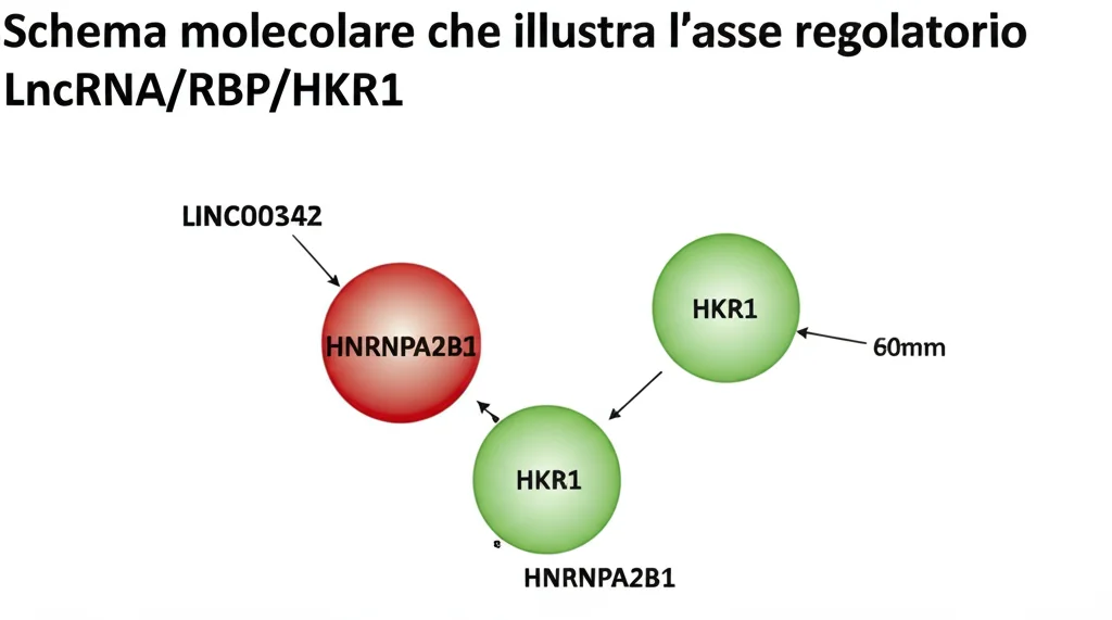 Schema molecolare che illustra l'asse regolatorio LncRNA/RBP/HKR1, con molecole stilizzate che rappresentano LINC00342, HNRNPA2B1 e HKR1 collegate da frecce indicative di regolazione. Immagine macro con lente da 60mm, alta definizione, sfondo sfocato per concentrarsi sullo schema.