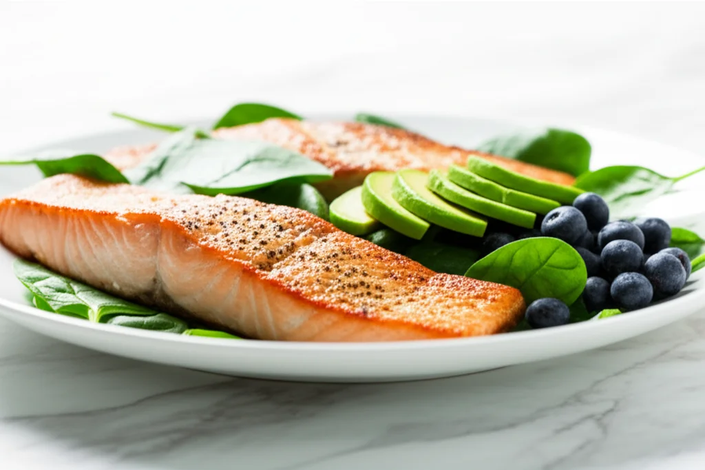 Primo piano di un piatto colorato e invitante rappresentante una dieta anti-infiammatoria, con salmone grigliato, spinaci freschi, avocado a fette e una manciata di mirtilli. Luce naturale laterale, lente macro 100mm, alta definizione dei dettagli del cibo, sfondo leggermente sfocato.