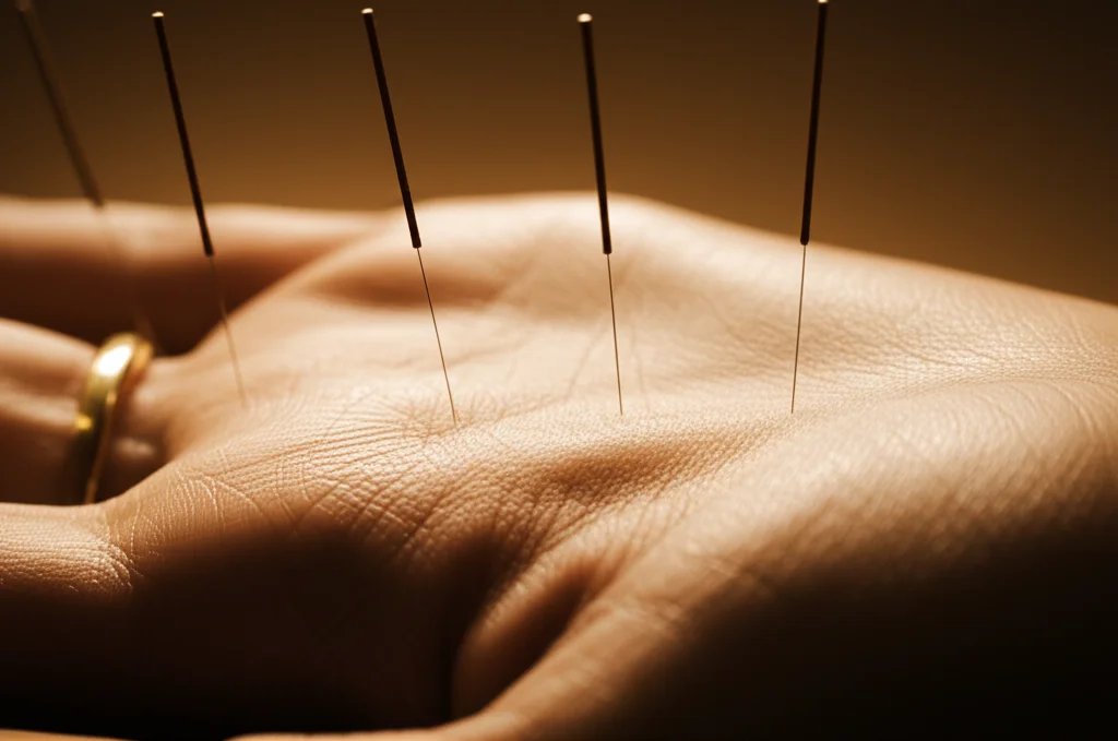 Immagine focalizzata su aghi sottili per agopuntura inseriti delicatamente nella pelle della mano o dell'avambraccio di una persona. Illuminazione soffusa e calda, profondità di campo ridotta per mettere a fuoco gli aghi, lente prime 50mm, atmosfera calma e terapeutica.