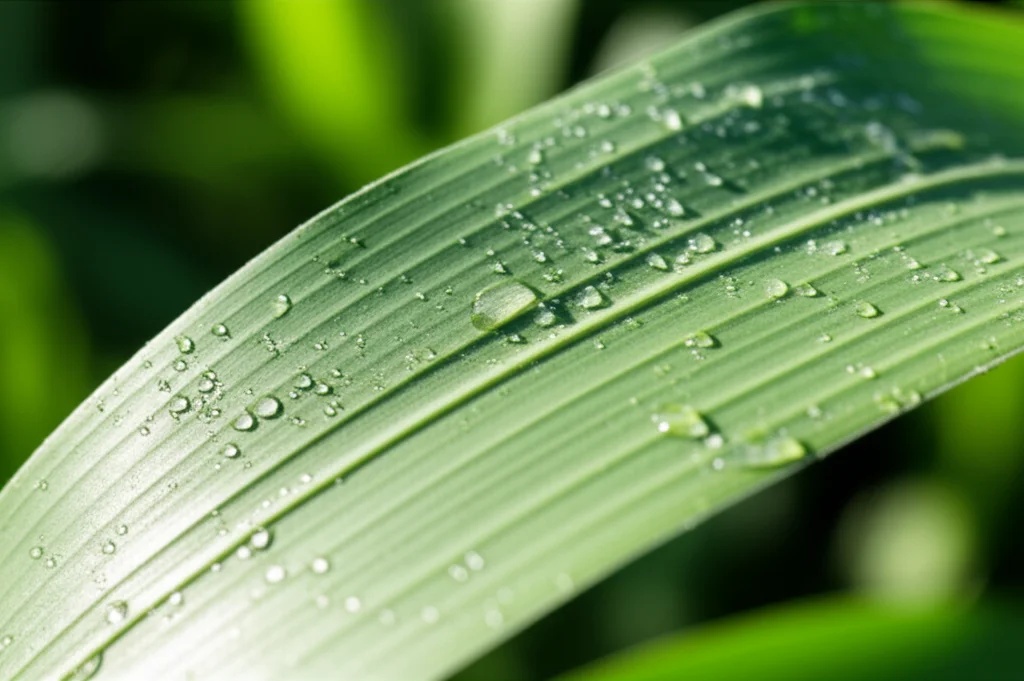 Macro fotografia di una foglia di mais verde brillante illuminata dal sole, obiettivo macro 100mm, alta definizione con gocce d'acqua visibili sulle nervature, messa a fuoco precisa sulla texture della foglia, illuminazione controllata per esaltare i dettagli.