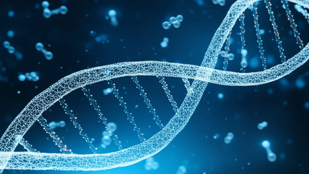 Visualizzazione 3D astratta di una doppia elica di DNA che si intreccia con molecole stilizzate rappresentanti metaboliti, su uno sfondo blu scuro con punti luminosi, evocando la connessione tra genetica e biochimica, alta risoluzione.