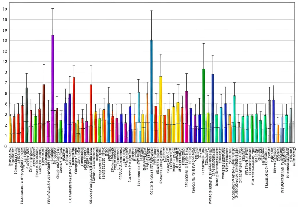 Grafico scientifico stile Manhattan plot che mostra i risultati di una GWAS sul genoma del mais, con picchi colorati che indicano associazioni significative tra marcatori genetici e livelli di metaboliti, su sfondo bianco pulito, alta risoluzione.