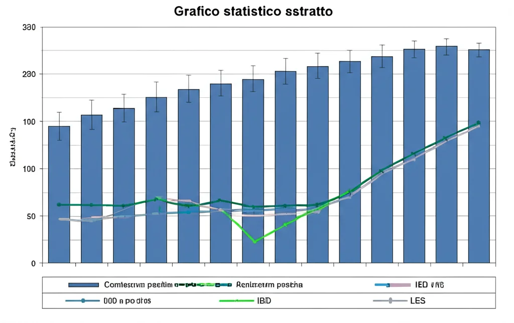 Grafico statistico astratto che mostra una forte correlazione positiva tra due set di dati rappresentanti IBD e LES, con barre crescenti e una linea di tendenza marcata. Illuminazione drammatica per evidenziare la significatività del risultato.
