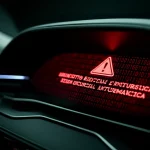 Cruscotto digitale futuristico di un'auto connessa che mostra un avviso di sicurezza informatica rosso lampeggiante, con riflessi di codice binario sul parabrezza, fotografia grandangolare 24mm, profondità di campo, illuminazione interna soffusa high-tech.