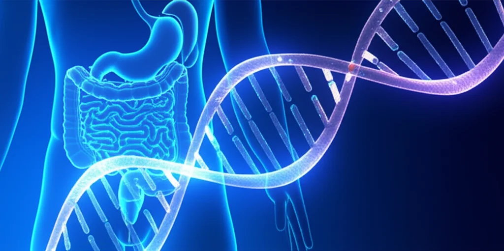 Immagine concettuale che mostra filamenti di DNA luminosi che collegano simboli stilizzati dell'intestino (IBD) e del sistema immunitario (LES). Prime lens, 35mm, profondità di campo per focalizzare sul legame genetico, toni blu e viola duotone per un'atmosfera scientifica.