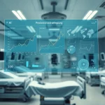 Interfaccia di intelligenza artificiale che mostra grafici predittivi e dati paziente su uno schermo trasparente sovrapposto a una moderna unità di terapia intensiva con letti e monitoraggio. Focus sull'incrocio tra tecnologia avanzata (IA) e l'ambiente di cura critica per pazienti immunocompromessi. Fotografia wide-angle, obiettivo 24mm, profondità di campo estesa, illuminazione high-tech ma soffusa per un'atmosfera seria e professionale.