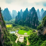 Wide-angle landscape photography, 10mm lens, sharp focus, a vibrant urban green space integrated into the dramatic peaks of a South China Karst city.