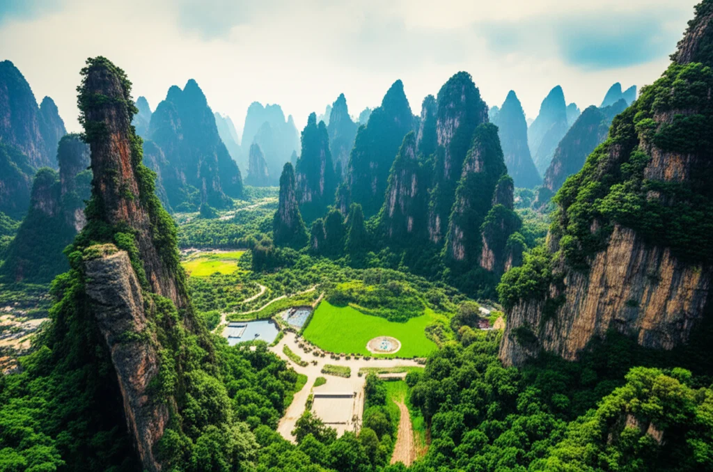 Wide-angle landscape photography, 10mm lens, sharp focus, a vibrant urban green space integrated into the dramatic peaks of a South China Karst city.