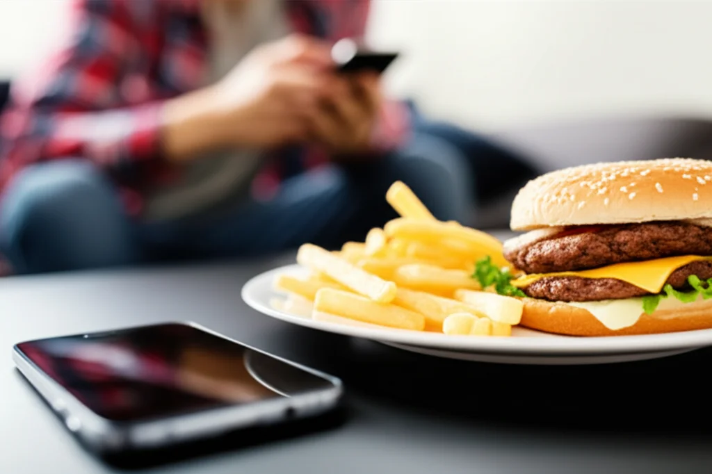 Primo piano macro, obiettivo 100mm, illuminazione controllata per dettagli nitidi. Un piatto con un pasto fast-food (hamburger, patatine) accanto a uno smartphone acceso su un tavolo. Sullo sfondo sfocato, si intravede un adolescente seduto su un divano, simbolo di abitudini alimentari e sedentarietà.