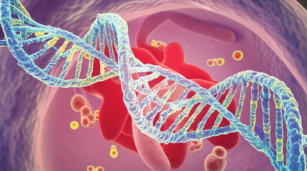 Macro fotografia di filamenti di RNA stilizzati che interagiscono con una rappresentazione astratta e luminosa di una cellula intestinale, obiettivo macro 90mm, illuminazione controllata e drammatica, alta definizione dei dettagli molecolari.