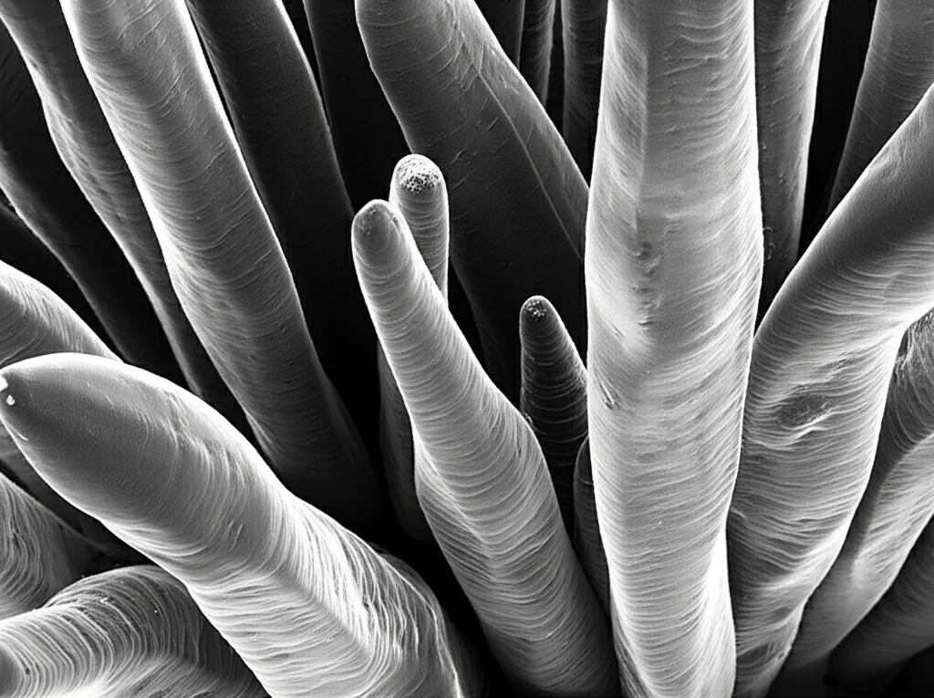 Microscopia elettronica a scansione simulata di villi intestinali sani e rigenerati, alta definizione, messa a fuoco precisa sui dettagli delle cellule epiteliali, illuminazione laterale per evidenziare la texture tridimensionale, colori scientifici realistici.