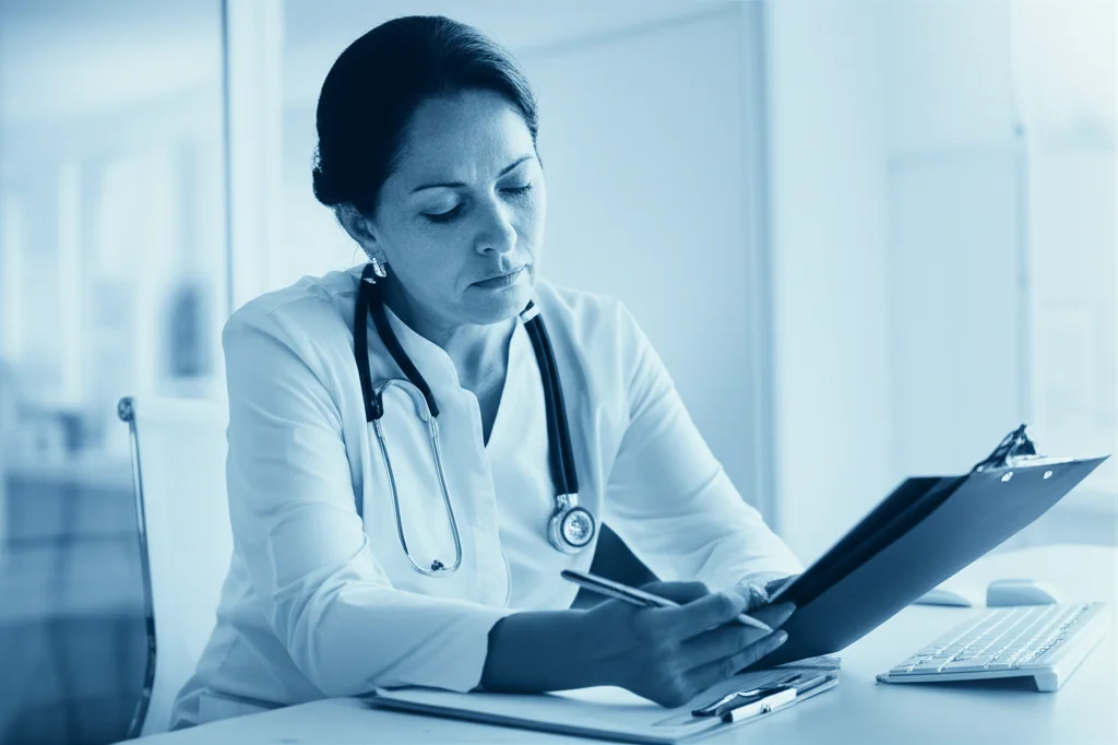 Ritratto di una donna di mezza età, espressione concentrata ma leggermente affaticata, mentre compila un questionario medico in un ambiente clinico luminoso. Obiettivo 35mm, profondità di campo, toni duo blu e grigio.