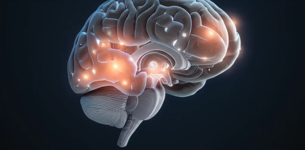 Visualizzazione 3D astratta ma fotorealistica del cervello umano, evidenziando l'ippocampo e le aree della materia bianca con piccole lesioni luminose. Illuminazione drammatica, stile macro 100mm, dettagli elevati.